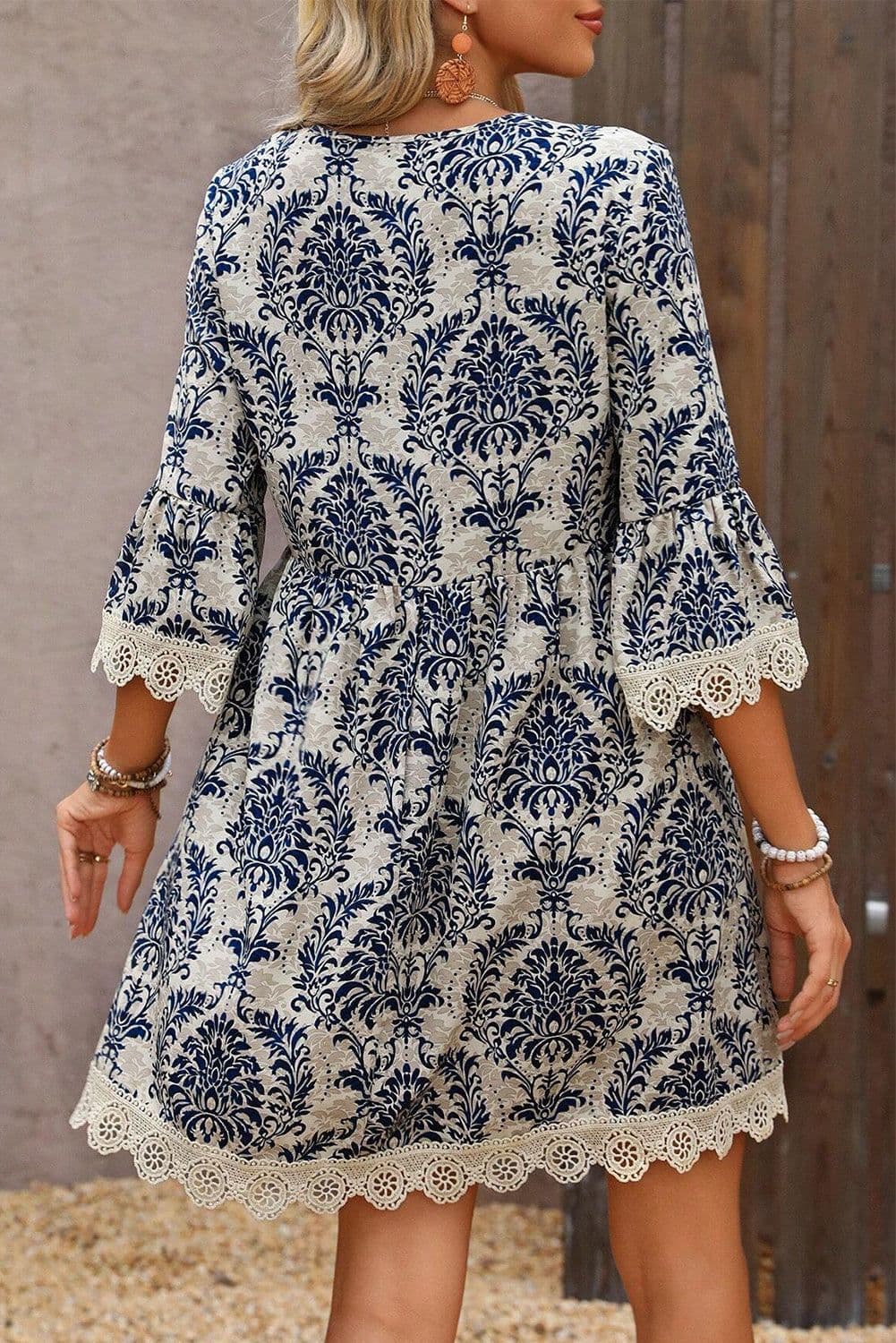 image-Vintage Printed Lace Trim V Neck 3/4 Sleeve Dress - Sky Blue