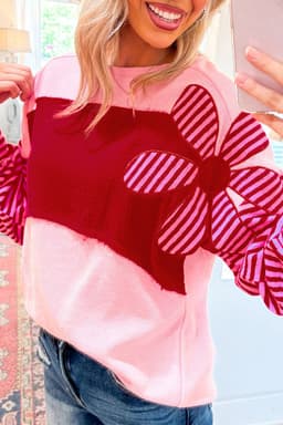 image-Floral Patch Textured Top - Striped Sleeves, Pink, Sizes S-XL