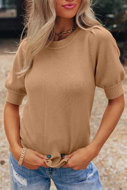 image-Light French Beige Knit Sweater - Short Puff Sleeve