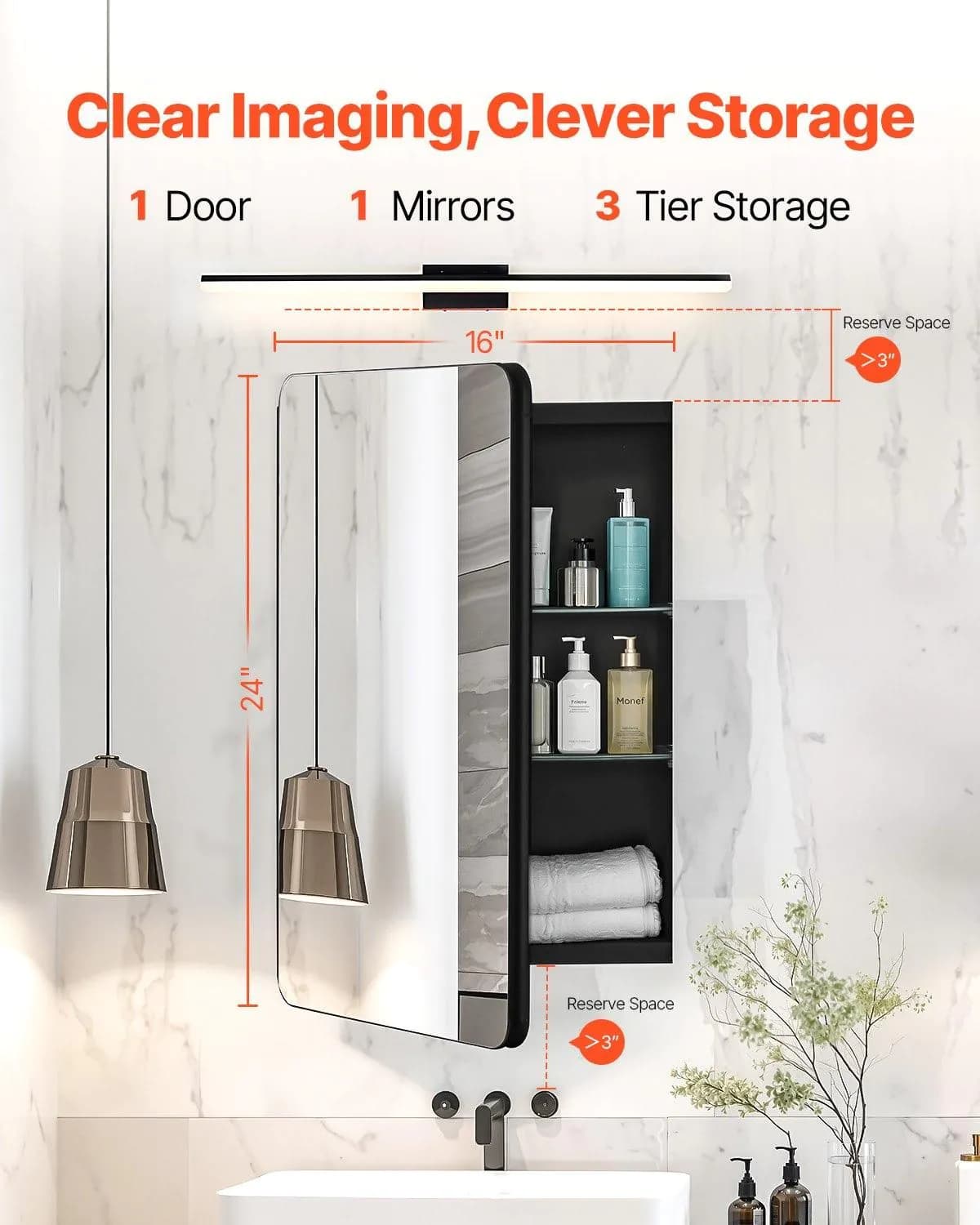 image-VEVOR Medicine Cabinet, 16 x 24 inch, Medicine Cabinet for Bathroom with Mirror, Aluminum Frame Bathroom Wall Cabinet, 2-layer Adjustable Shelves, Recessed & Wall-mounted Installation