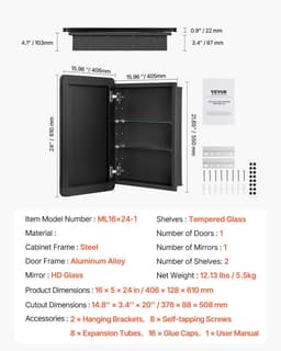 image-VEVOR Medicine Cabinet, 16 x 24 inch, Medicine Cabinet for Bathroom with Mirror, Aluminum Frame Bathroom Wall Cabinet, 2-layer Adjustable Shelves, Recessed & Wall-mounted Installation