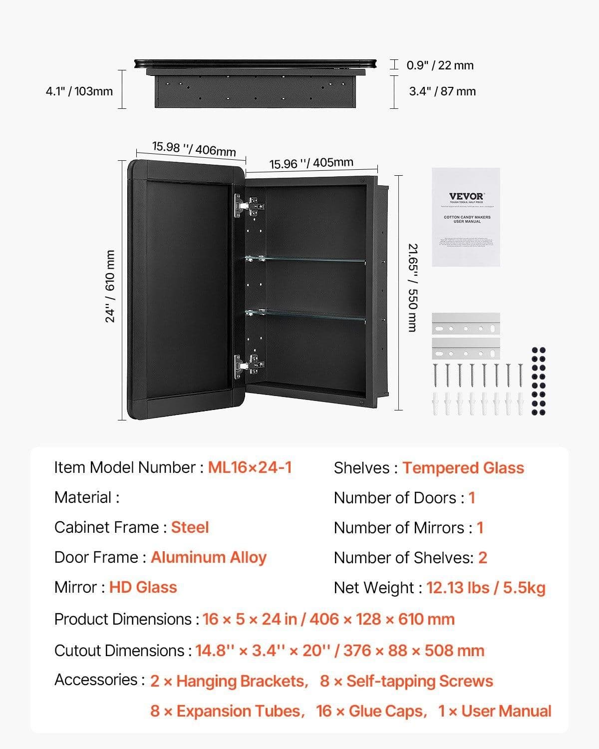 image-VEVOR Medicine Cabinet, 16 x 24 inch, Medicine Cabinet for Bathroom with Mirror, Aluminum Frame Bathroom Wall Cabinet, 2-layer Adjustable Shelves, Recessed & Wall-mounted Installation