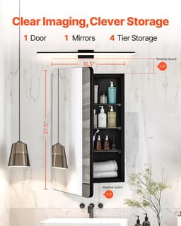 image-VEVOR Medicine Cabinet, 16.5 x 27.5 inch, Medicine Cabinet for Bathroom with Mirror, Aluminum Frame Bathroom Wall Cabinet, 3-layer Adjustable Shelves, Recessed & Wall-mounted Installation
