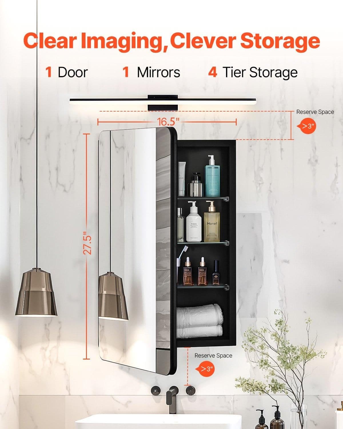 image-VEVOR Medicine Cabinet, 16.5 x 27.5 inch, Medicine Cabinet for Bathroom with Mirror, Aluminum Frame Bathroom Wall Cabinet, 3-layer Adjustable Shelves, Recessed & Wall-mounted Installation