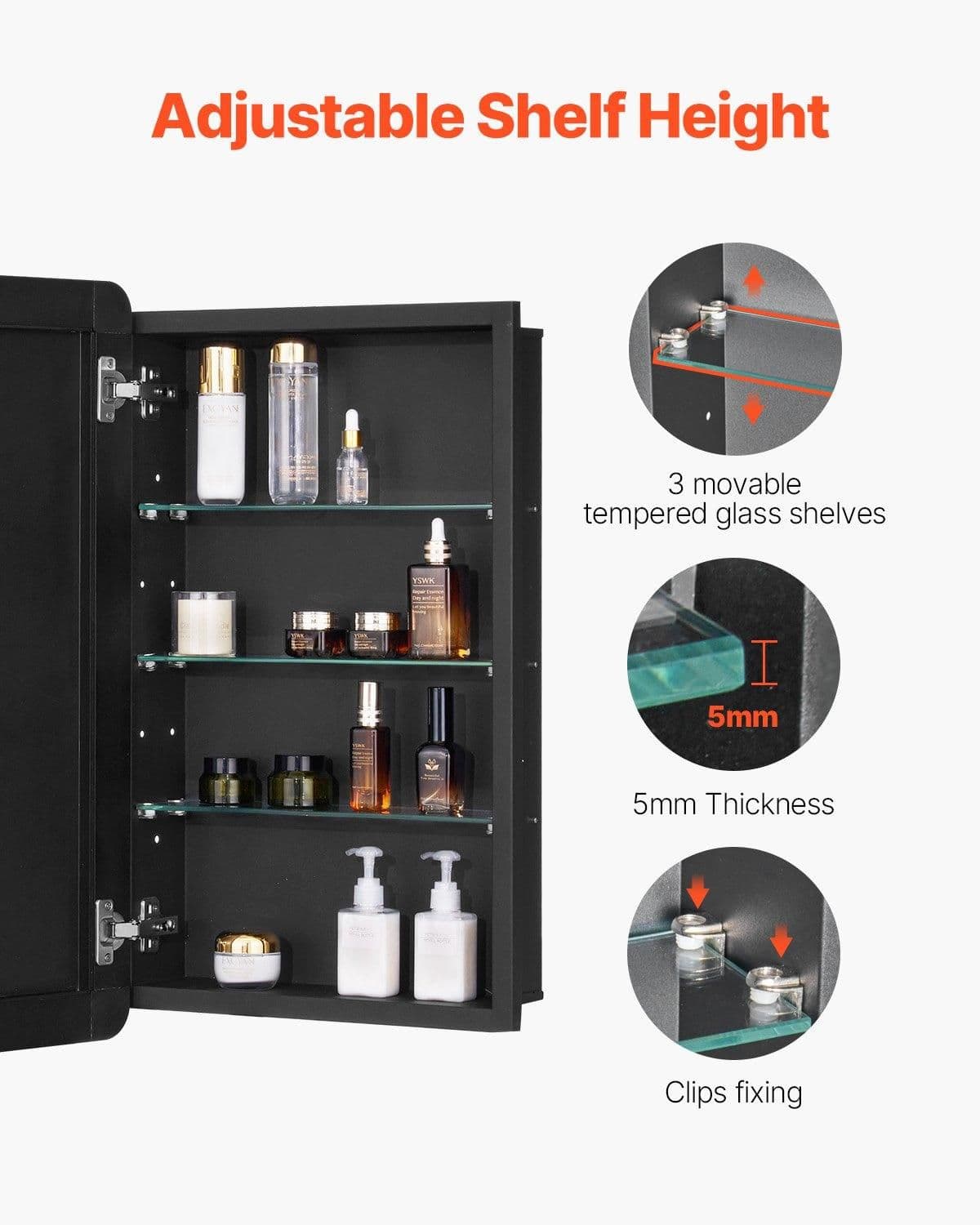 image-VEVOR Medicine Cabinet, 16.5 x 27.5 inch, Medicine Cabinet for Bathroom with Mirror, Aluminum Frame Bathroom Wall Cabinet, 3-layer Adjustable Shelves, Recessed & Wall-mounted Installation