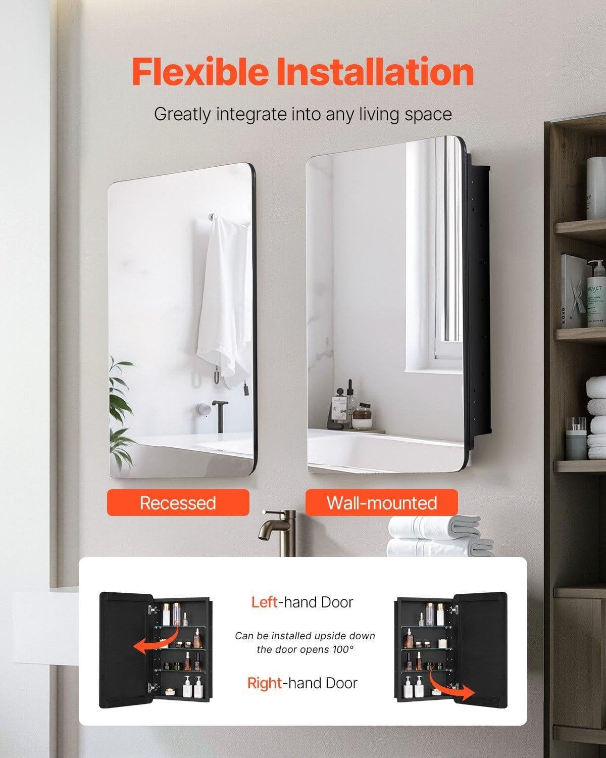 image-VEVOR Medicine Cabinet, 16.5 x 27.5 inch, Medicine Cabinet for Bathroom with Mirror, Aluminum Frame Bathroom Wall Cabinet, 3-layer Adjustable Shelves, Recessed & Wall-mounted Installation
