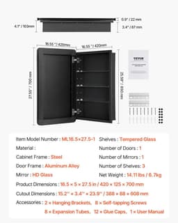 image-VEVOR Medicine Cabinet, 16.5 x 27.5 inch, Medicine Cabinet for Bathroom with Mirror, Aluminum Frame Bathroom Wall Cabinet, 3-layer Adjustable Shelves, Recessed & Wall-mounted Installation