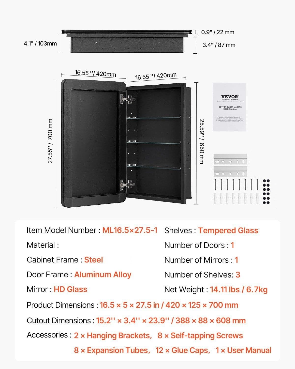 image-VEVOR Medicine Cabinet, 16.5 x 27.5 inch, Medicine Cabinet for Bathroom with Mirror, Aluminum Frame Bathroom Wall Cabinet, 3-layer Adjustable Shelves, Recessed & Wall-mounted Installation