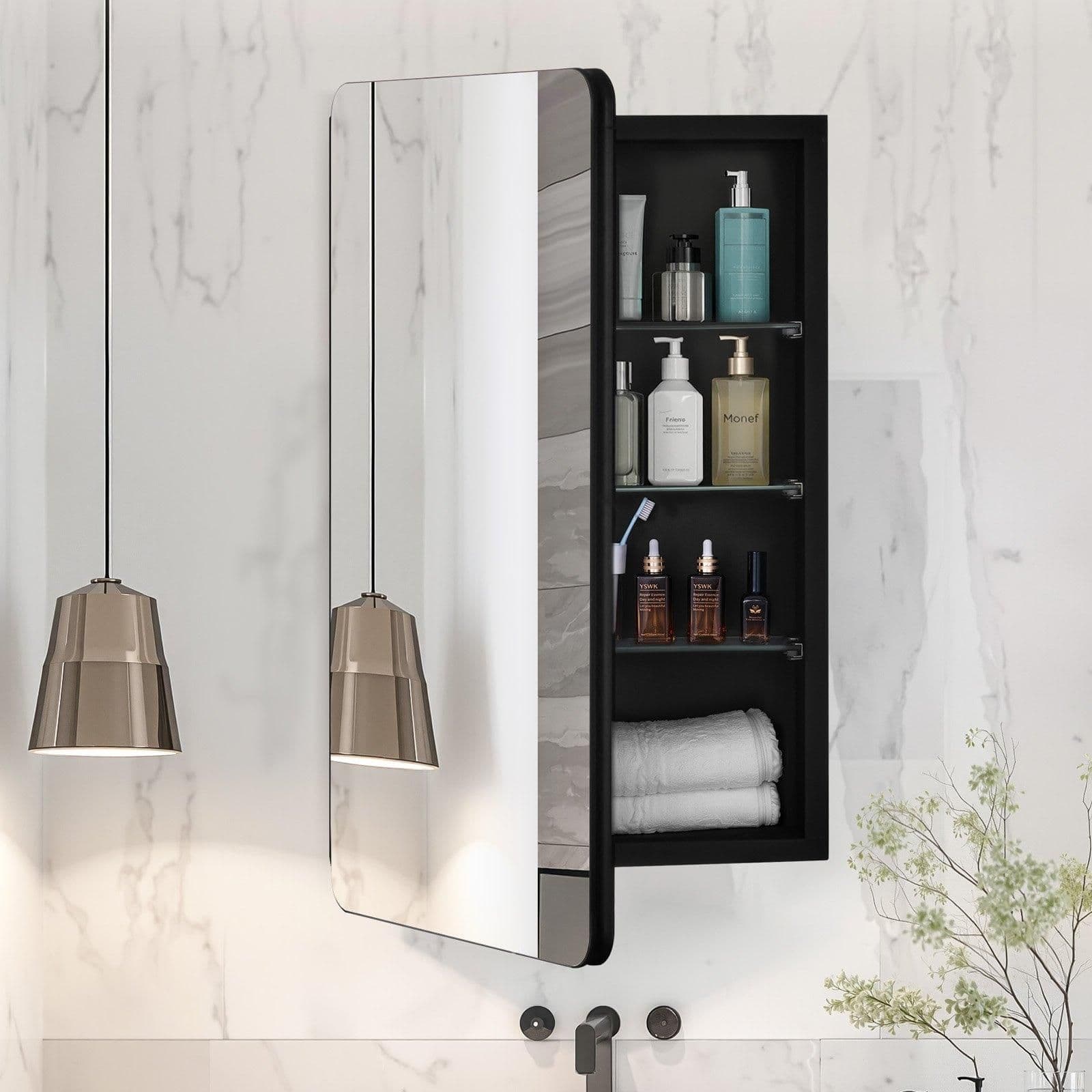 image-VEVOR Medicine Cabinet, 16.5 x 27.5 inch, Medicine Cabinet for Bathroom with Mirror, Aluminum Frame Bathroom Wall Cabinet, 3-layer Adjustable Shelves, Recessed & Wall-mounted Installation