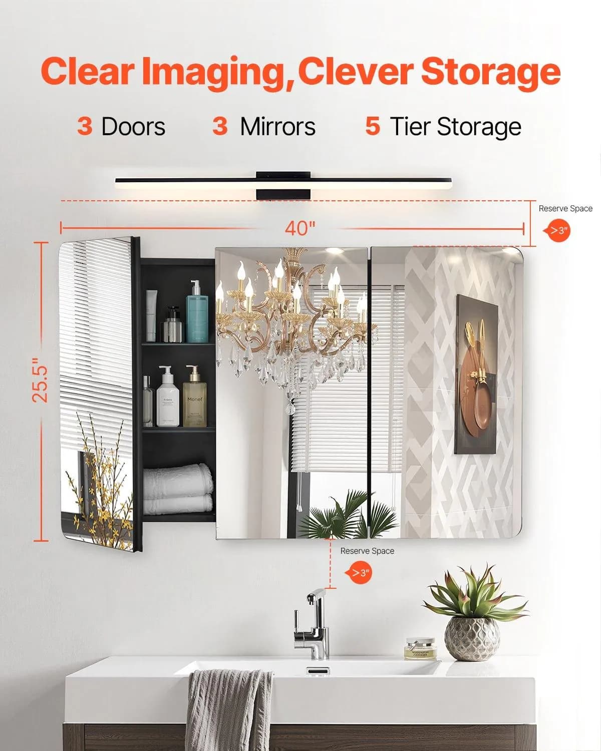 image-VEVOR Medicine Cabinet, 25.5 x 40 inch, Medicine Cabinet for Bathroom with Mirror, Aluminum Frame Bathroom Wall Cabinet, 4-layer Adjustable Shelves, Recessed & Wall-mounted Installation