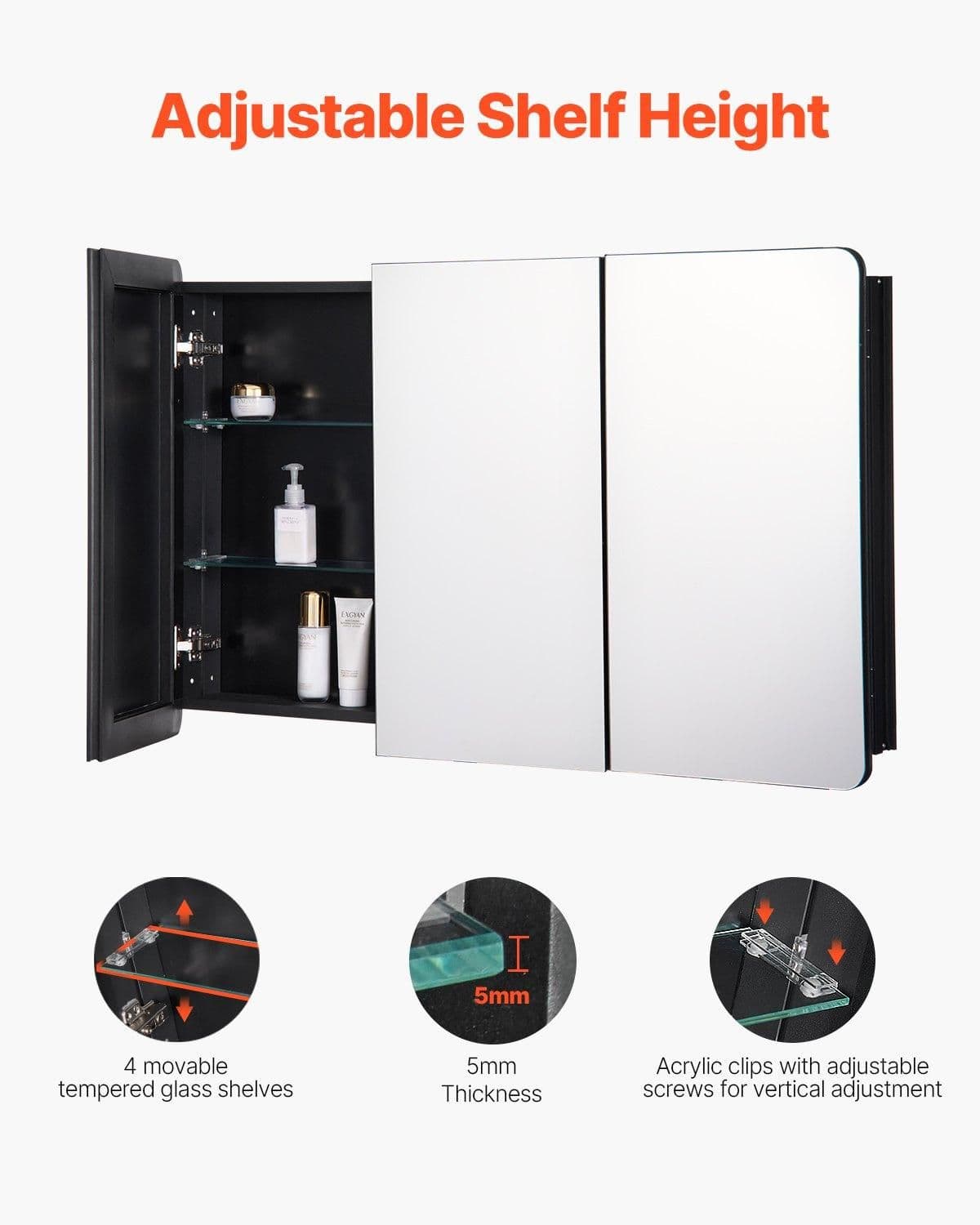 image-VEVOR Medicine Cabinet, 25.5 x 40 inch, Medicine Cabinet for Bathroom with Mirror, Aluminum Frame Bathroom Wall Cabinet, 4-layer Adjustable Shelves, Recessed & Wall-mounted Installation