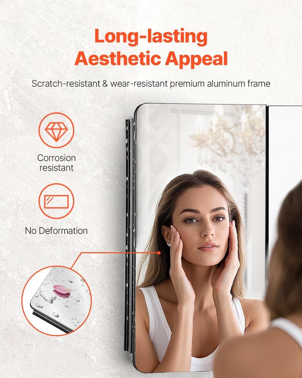 image-VEVOR Medicine Cabinet, 25.5 x 40 inch, Medicine Cabinet for Bathroom with Mirror, Aluminum Frame Bathroom Wall Cabinet, 4-layer Adjustable Shelves, Recessed & Wall-mounted Installation