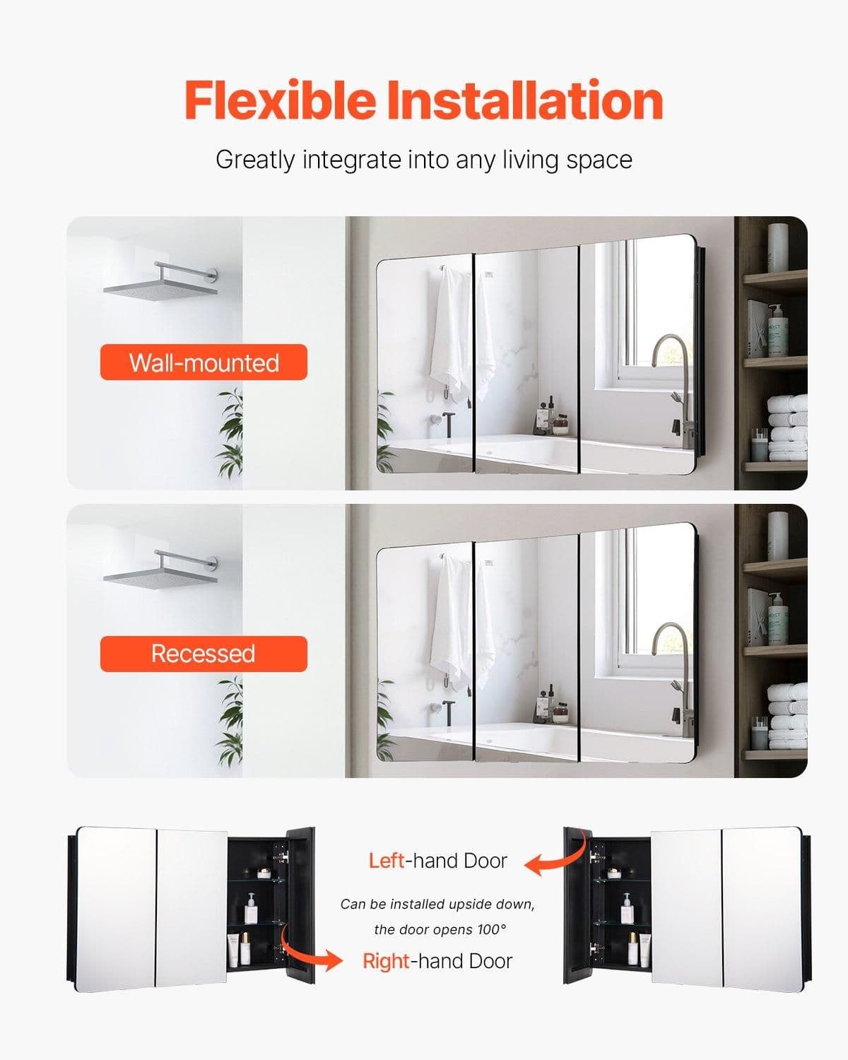 image-VEVOR Medicine Cabinet, 25.5 x 40 inch, Medicine Cabinet for Bathroom with Mirror, Aluminum Frame Bathroom Wall Cabinet, 4-layer Adjustable Shelves, Recessed & Wall-mounted Installation