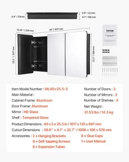 image-VEVOR Medicine Cabinet, 25.5 x 40 inch, Medicine Cabinet for Bathroom with Mirror, Aluminum Frame Bathroom Wall Cabinet, 4-layer Adjustable Shelves, Recessed & Wall-mounted Installation