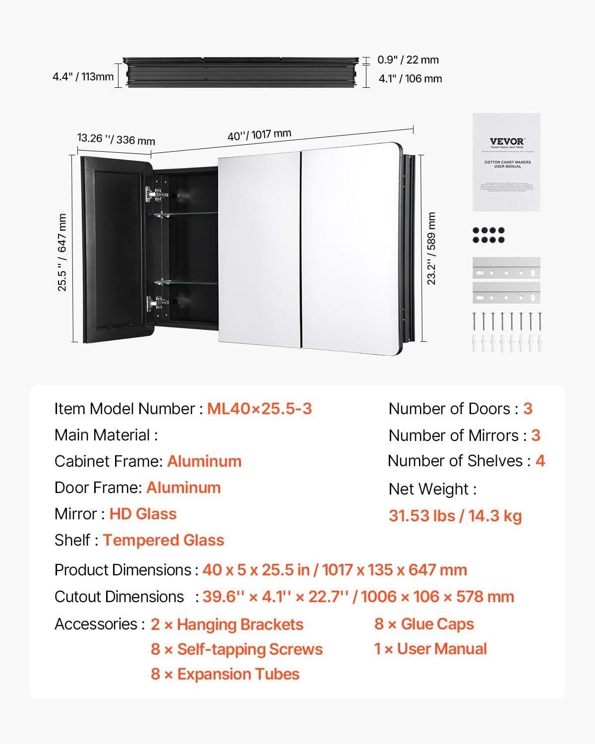 image-VEVOR Medicine Cabinet, 25.5 x 40 inch, Medicine Cabinet for Bathroom with Mirror, Aluminum Frame Bathroom Wall Cabinet, 4-layer Adjustable Shelves, Recessed & Wall-mounted Installation