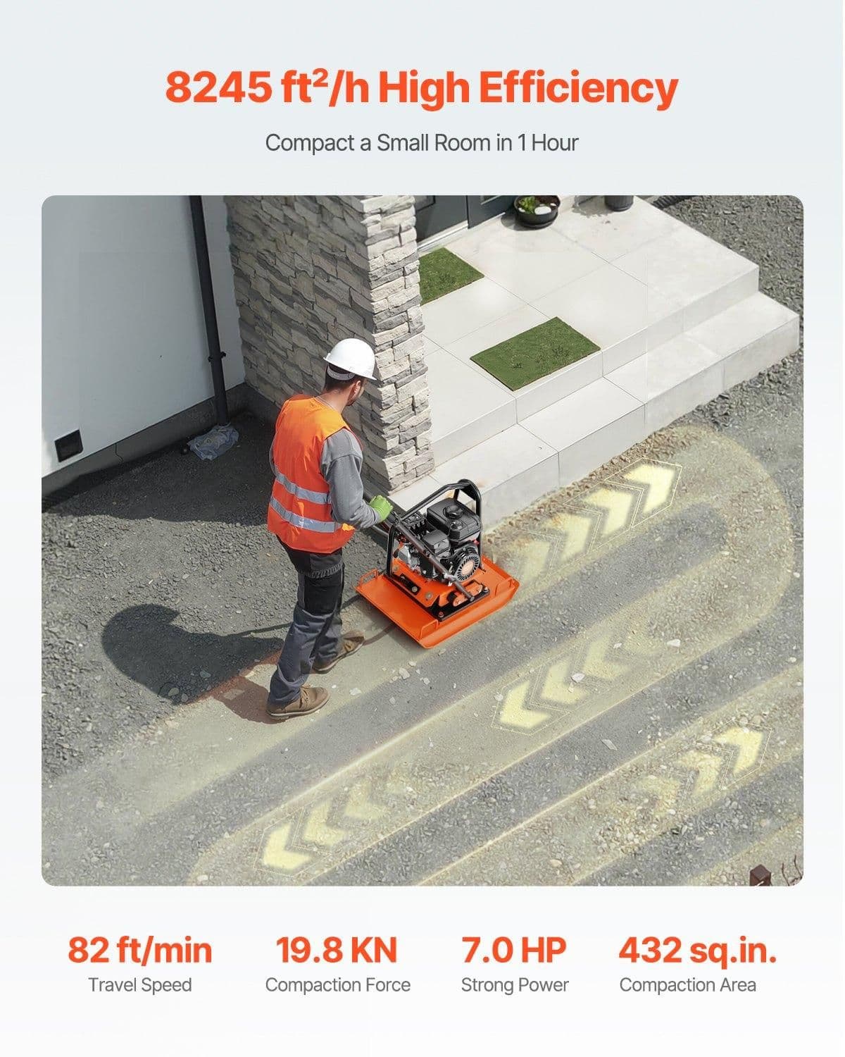 image-VEVOR Plate Compactor, 7.0 HP Gas Engine, 4451.22 lbf Vibration Compaction Force, 432 sq. in Plate, 5400 RPM Power Tamper, Ground Compactor Rammer for Dirt, Gravel, Asphalt, Foundation, EPA Compliant