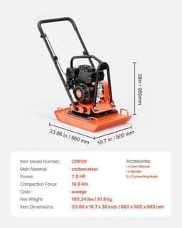 image-VEVOR Plate Compactor, 7.0 HP Gas Engine, 4451.22 lbf Vibration Compaction Force, 432 sq. in Plate, 5400 RPM Power Tamper, Ground Compactor Rammer for Dirt, Gravel, Asphalt, Foundation, EPA Compliant