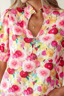 image-Pink Floral Blouse - Frilled V Neck Puff Sleeve