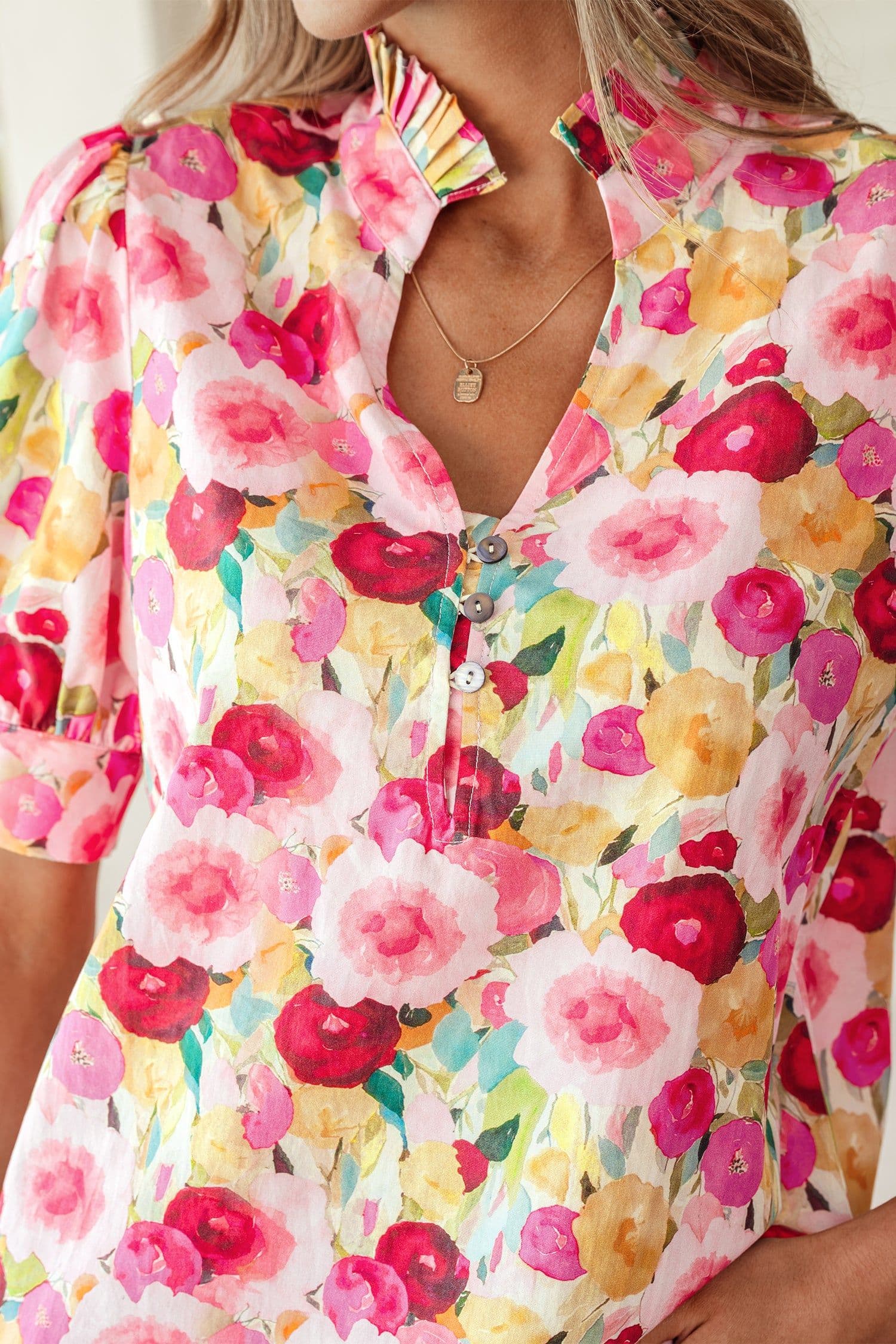 image-Pink Floral Blouse - Frilled V Neck Puff Sleeve