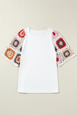 image-White Floral Crochet Top - Short Sleeve, Chic Round Neck, Relaxed Fit