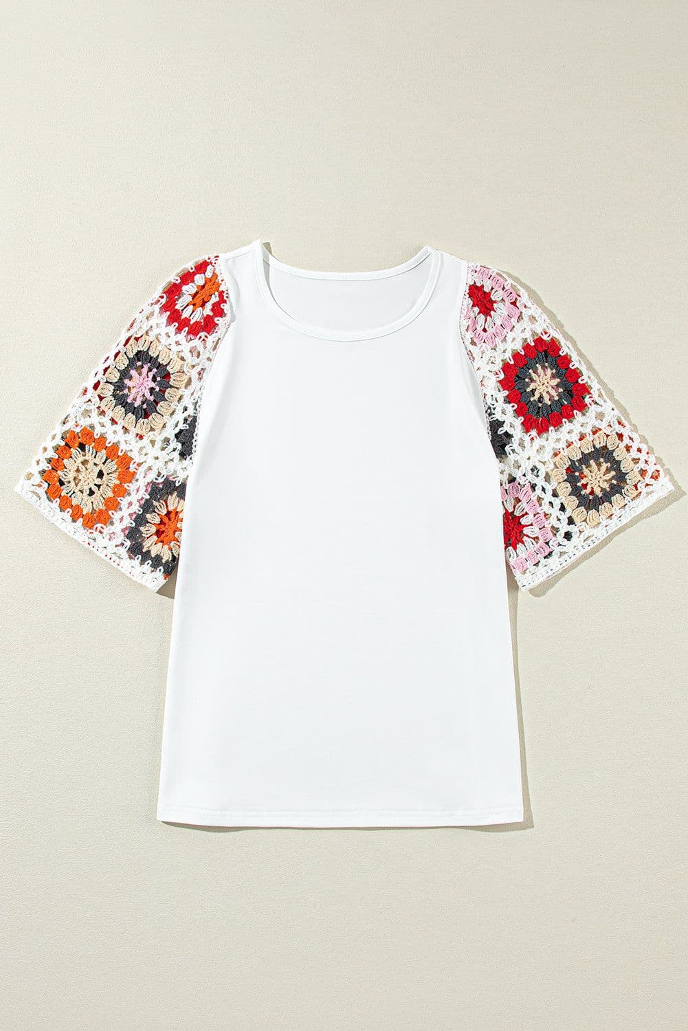 image-White Floral Crochet Top - Short Sleeve, Chic Round Neck, Relaxed Fit