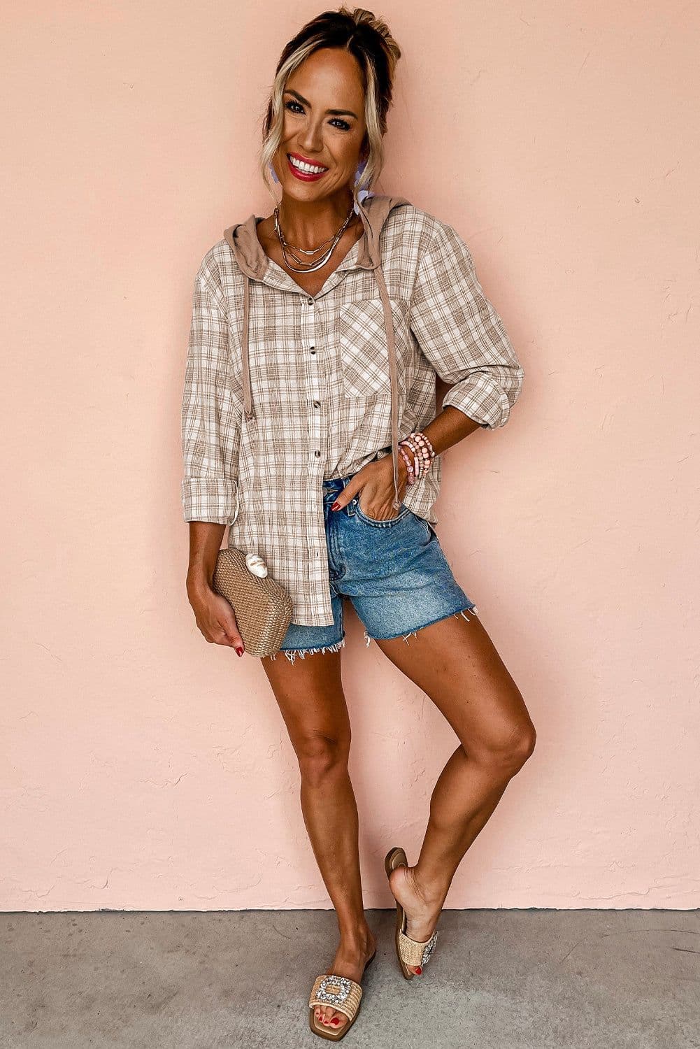 image-Pink Checkered Loose Fit Hooded Shacket - Buttoned
