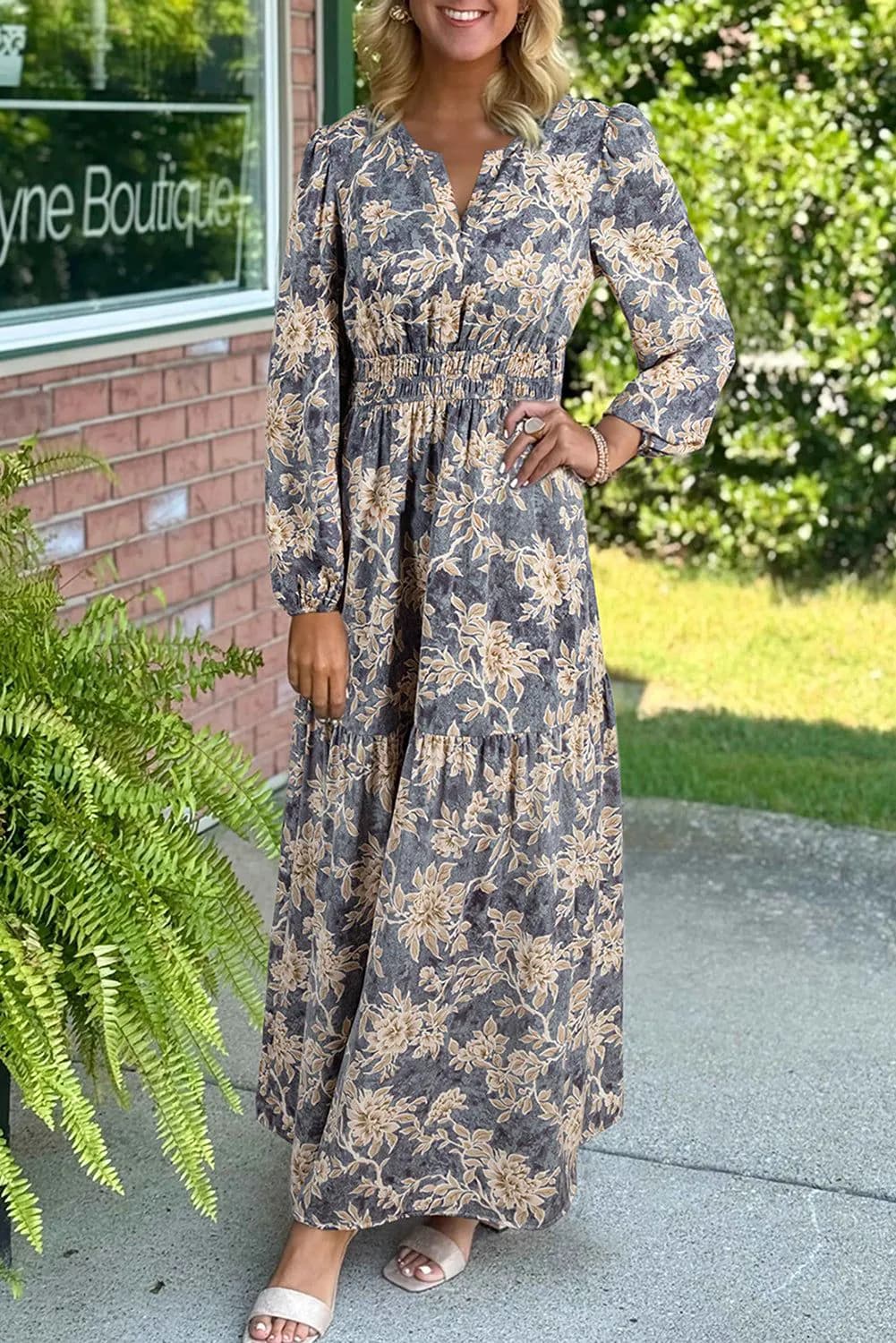 image-Sky Blue Floral Smocked High Waist Maxi Dress