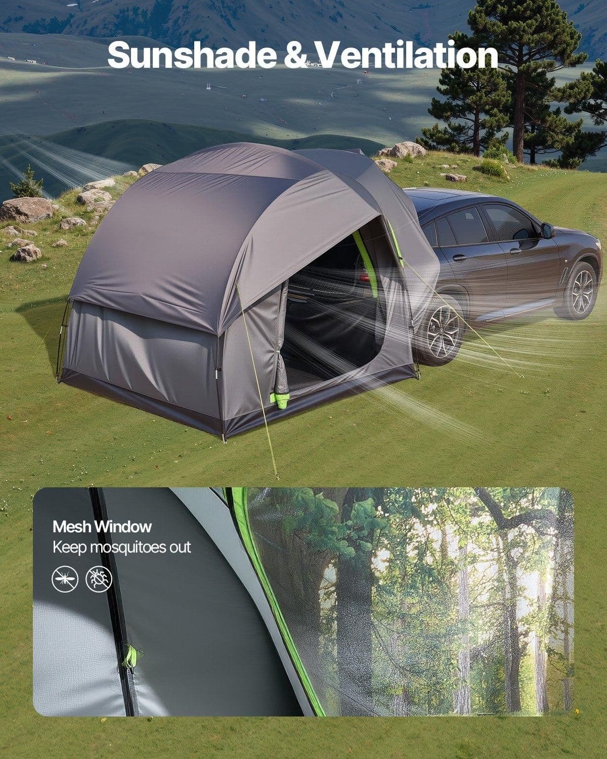 image-VEVOR SUV Tent for Camping, 8FT L x 8FT W, Waterproof PU2000mm Spacious Double Layer Design for 5-8 Person, SUV Camping Tent with Mesh Windows, Includes Rainfly & Storage Bag, for Outdoor Activities