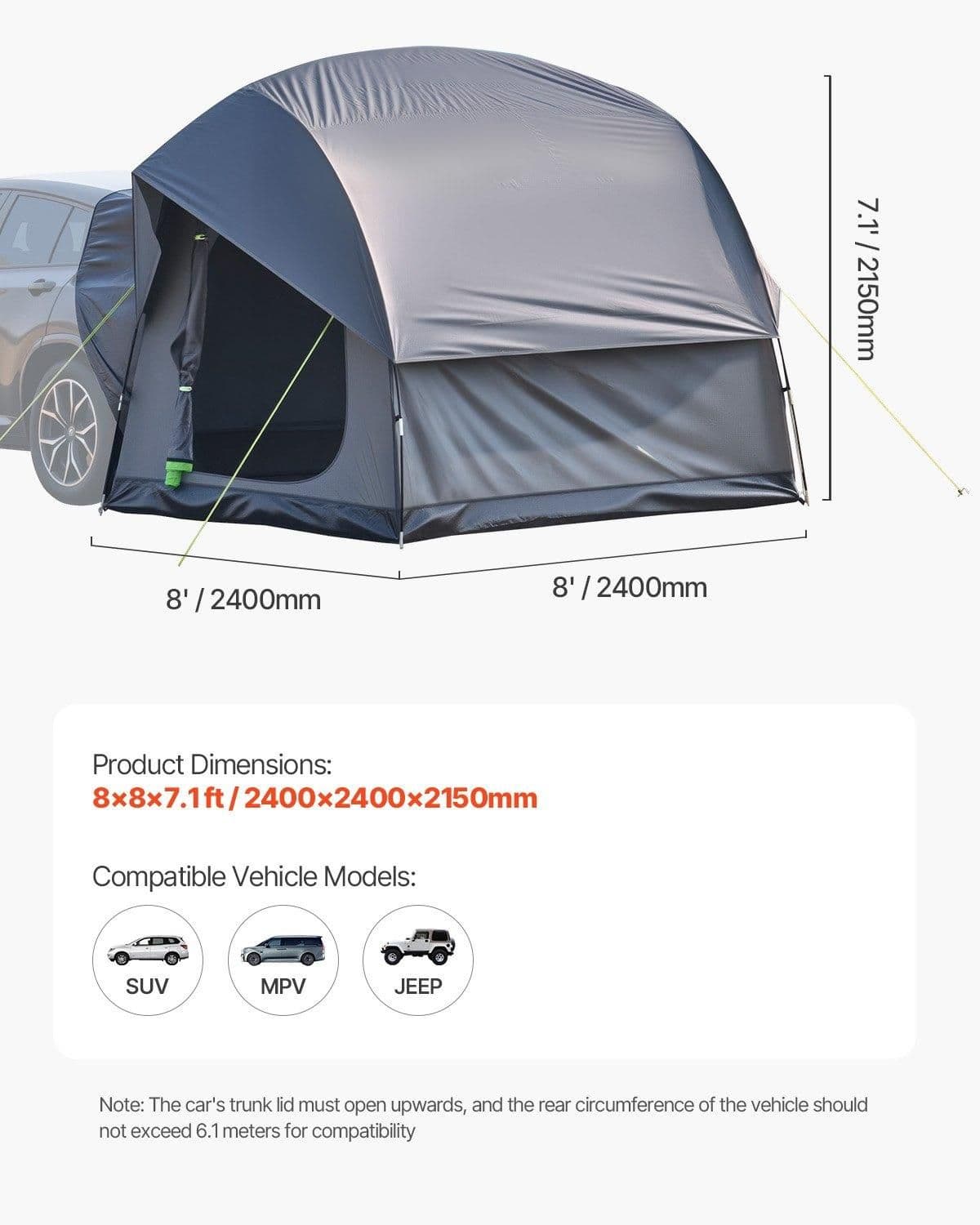 image-VEVOR SUV Tent for Camping, 8FT L x 8FT W, Waterproof PU2000mm Spacious Double Layer Design for 5-8 Person, SUV Camping Tent with Mesh Windows, Includes Rainfly & Storage Bag, for Outdoor Activities