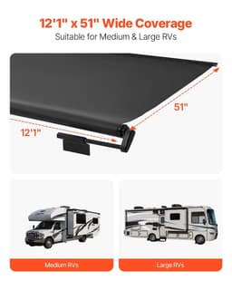 image-VEVOR Camper Awning Fabric Replacement, 1" to 12', Weatherproof Durable Slide Topper Awning with Bracket, Heavy Duty Slide Topper Awning with Stainless Steel Material, Fit for RV & Motorhome(Black)