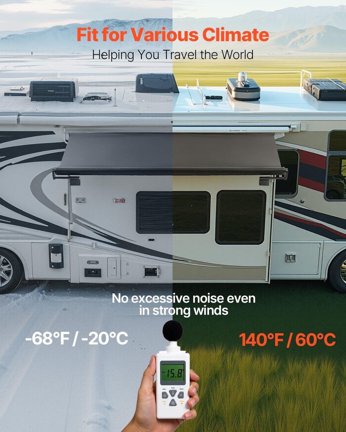 image-VEVOR Camper Awning Fabric Replacement, 1" to 12', Weatherproof Durable Slide Topper Awning with Bracket, Heavy Duty Slide Topper Awning with Stainless Steel Material, Fit for RV & Motorhome(Black)
