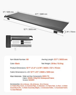 image-VEVOR Camper Awning Fabric Replacement, 1" to 12', Weatherproof Durable Slide Topper Awning with Bracket, Heavy Duty Slide Topper Awning with Stainless Steel Material, Fit for RV & Motorhome(Black)