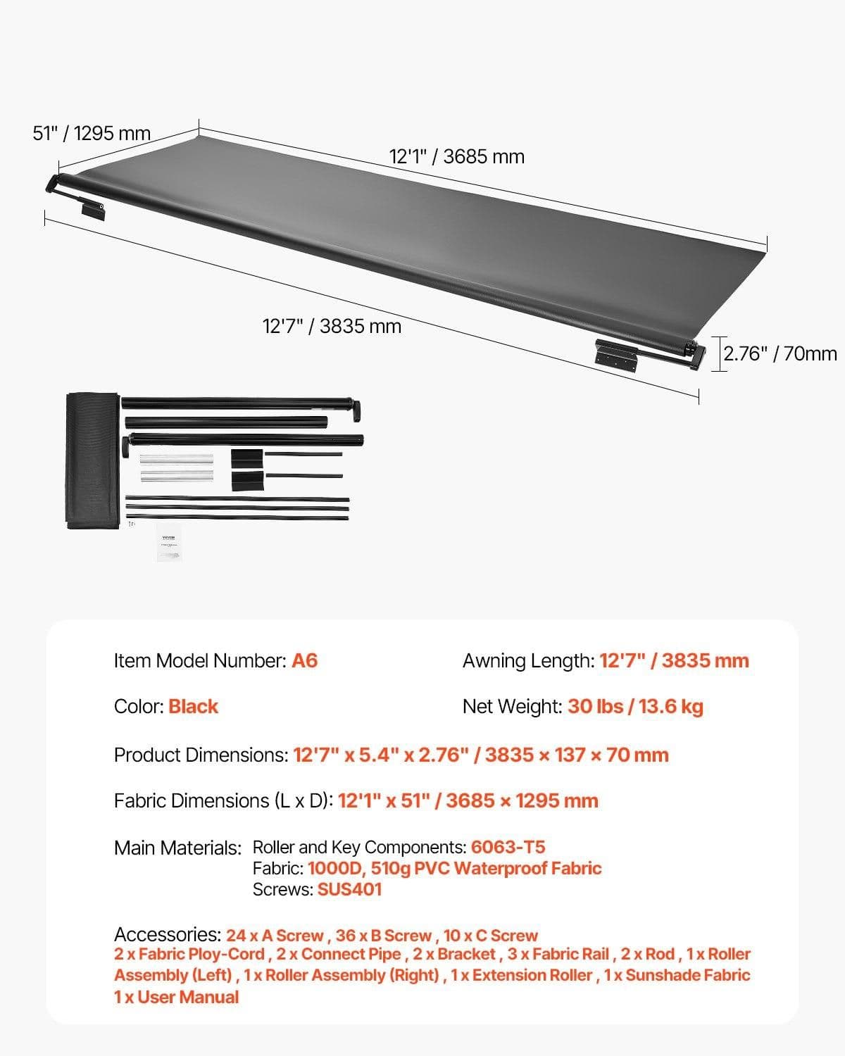 image-VEVOR Camper Awning Fabric Replacement, 1" to 12', Weatherproof Durable Slide Topper Awning with Bracket, Heavy Duty Slide Topper Awning with Stainless Steel Material, Fit for RV & Motorhome(Black)