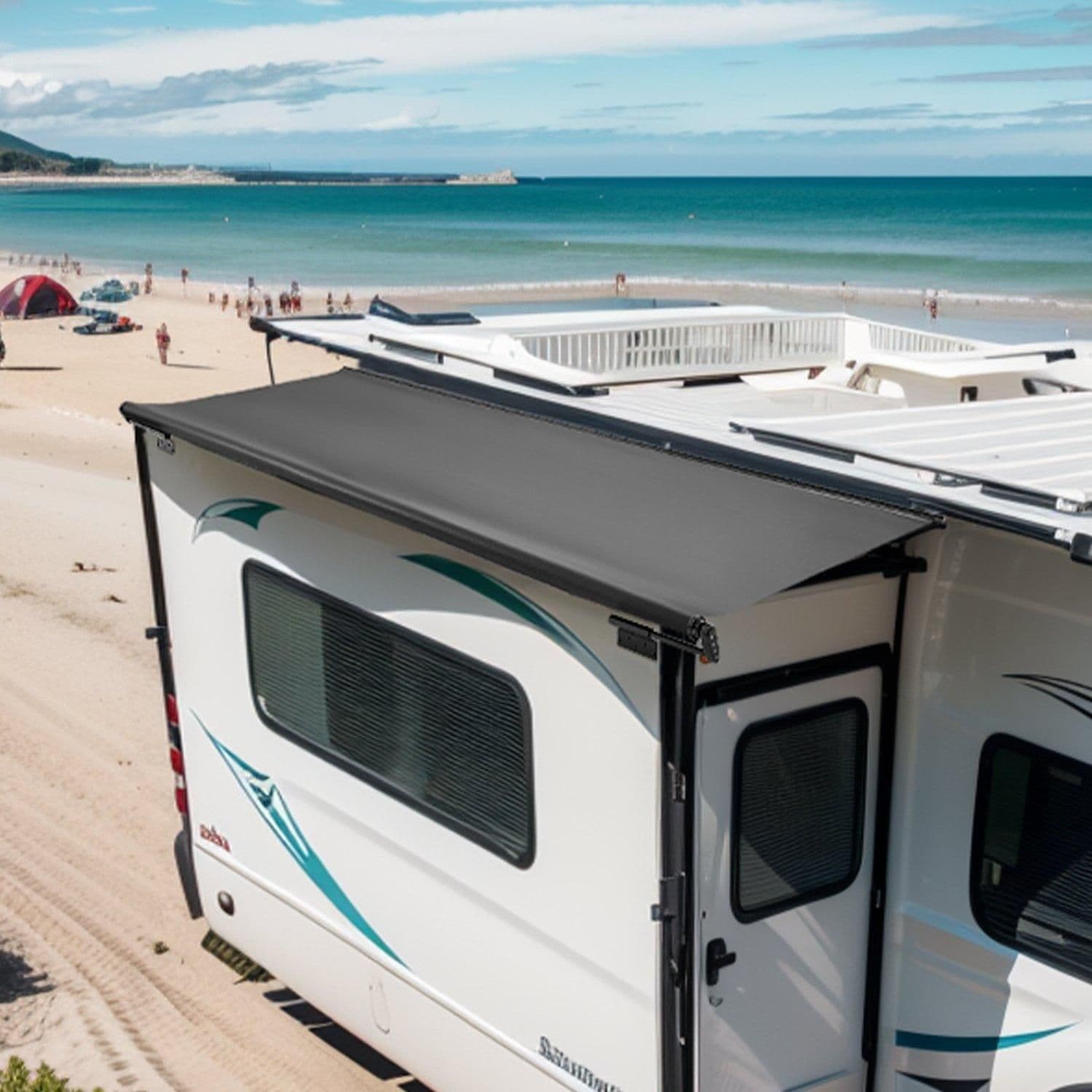 image-VEVOR Camper Awning Fabric Replacement, 1" to 12', Weatherproof Durable Slide Topper Awning with Bracket, Heavy Duty Slide Topper Awning with Stainless Steel Material, Fit for RV & Motorhome(Black)