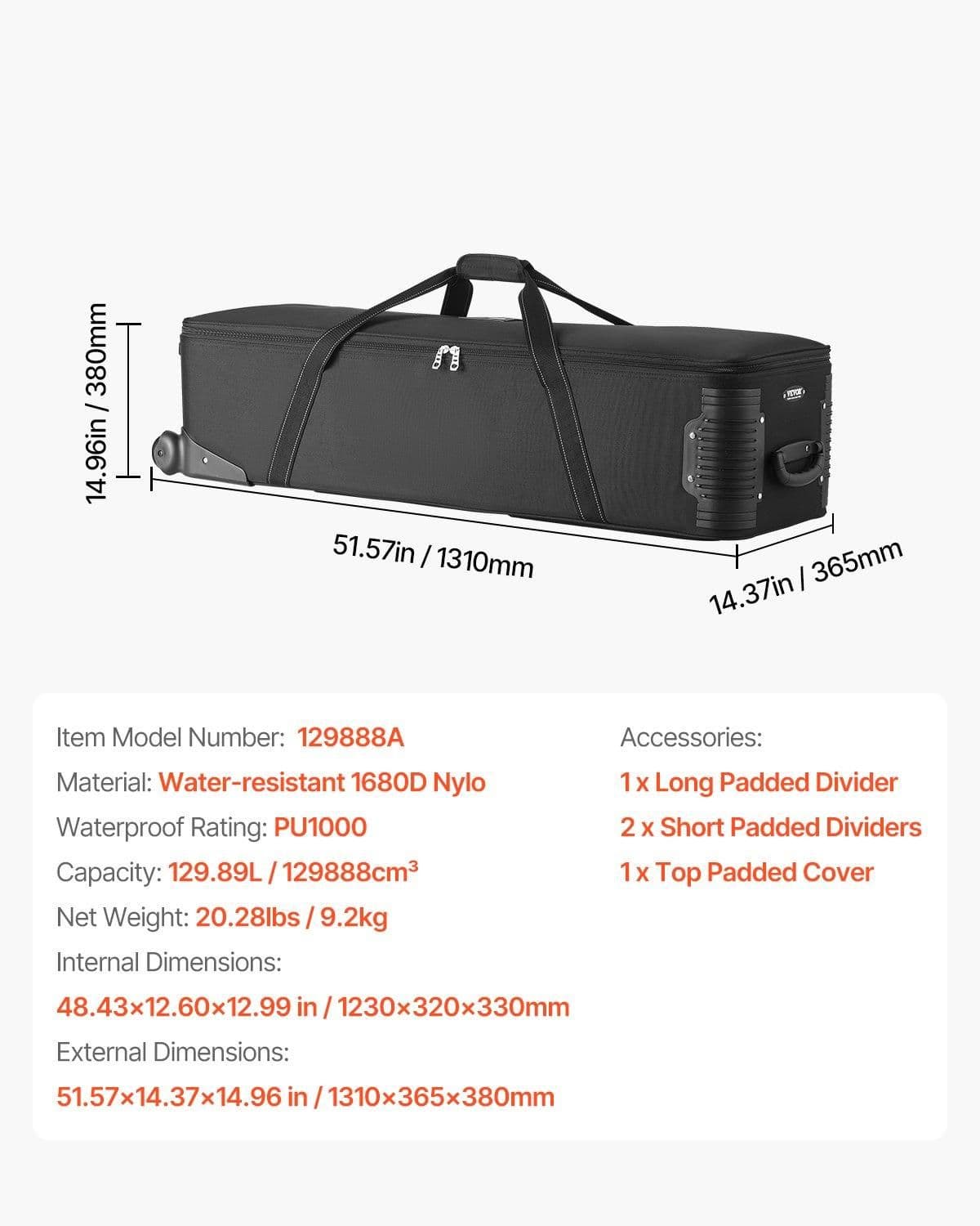 image-VEVOR Studio Equipment Trolley Case, 51.57 x 14.37 x 14.96 in / 131 x 36.5 x 38 cm, Rolling Camera Bag, Carrying Bag with Wheels Straps Padded Compartment Handle, for Light Stands, Tripods, Telescopes