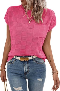 image-Pink Lattice Textured Knit Short Sleeve Sweater - Sizes S-3XL