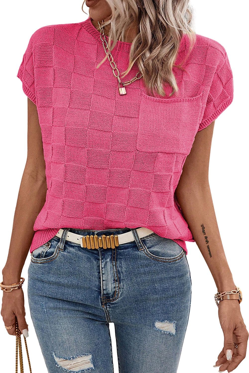 image-Pink Lattice Textured Knit Short Sleeve Sweater - Sizes S-3XL