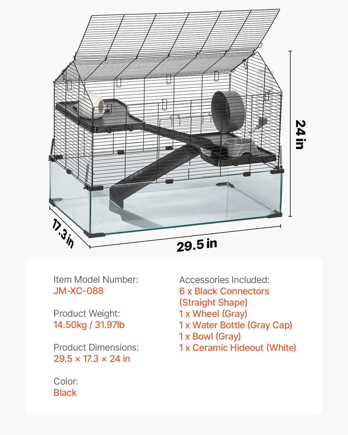 image-VEVOR Hamster Cage, 360° Viewing Transparent Hamster Habitats, Small Animal Cage, 29.5 x 17.3 x 24 in, Ventilated Pet Mouse Cages with Water Bottle, Portable Hamster House for Rats, Guinea Pigs