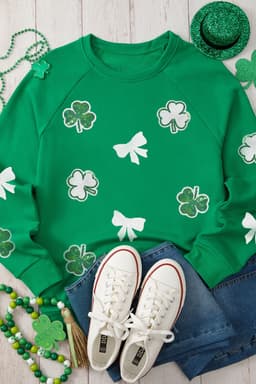 image-Green Sequin Bow Clover Sweatshirt - Cozy Graphic Pullover