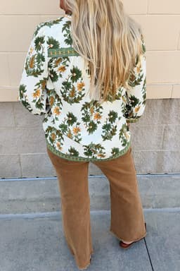 image-Green Plus Size Floral Printed Contrast Patchwork Detail Tassel Tie 3/4 Sleeve Blouse