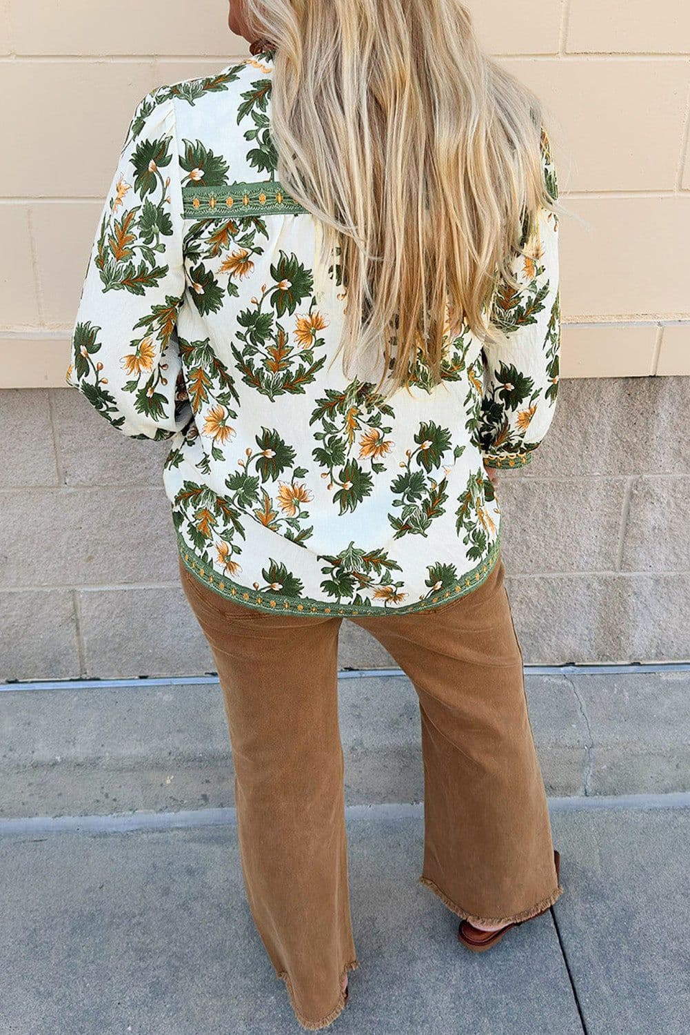 image-Green Plus Size Floral Printed Contrast Patchwork Detail Tassel Tie 3/4 Sleeve Blouse