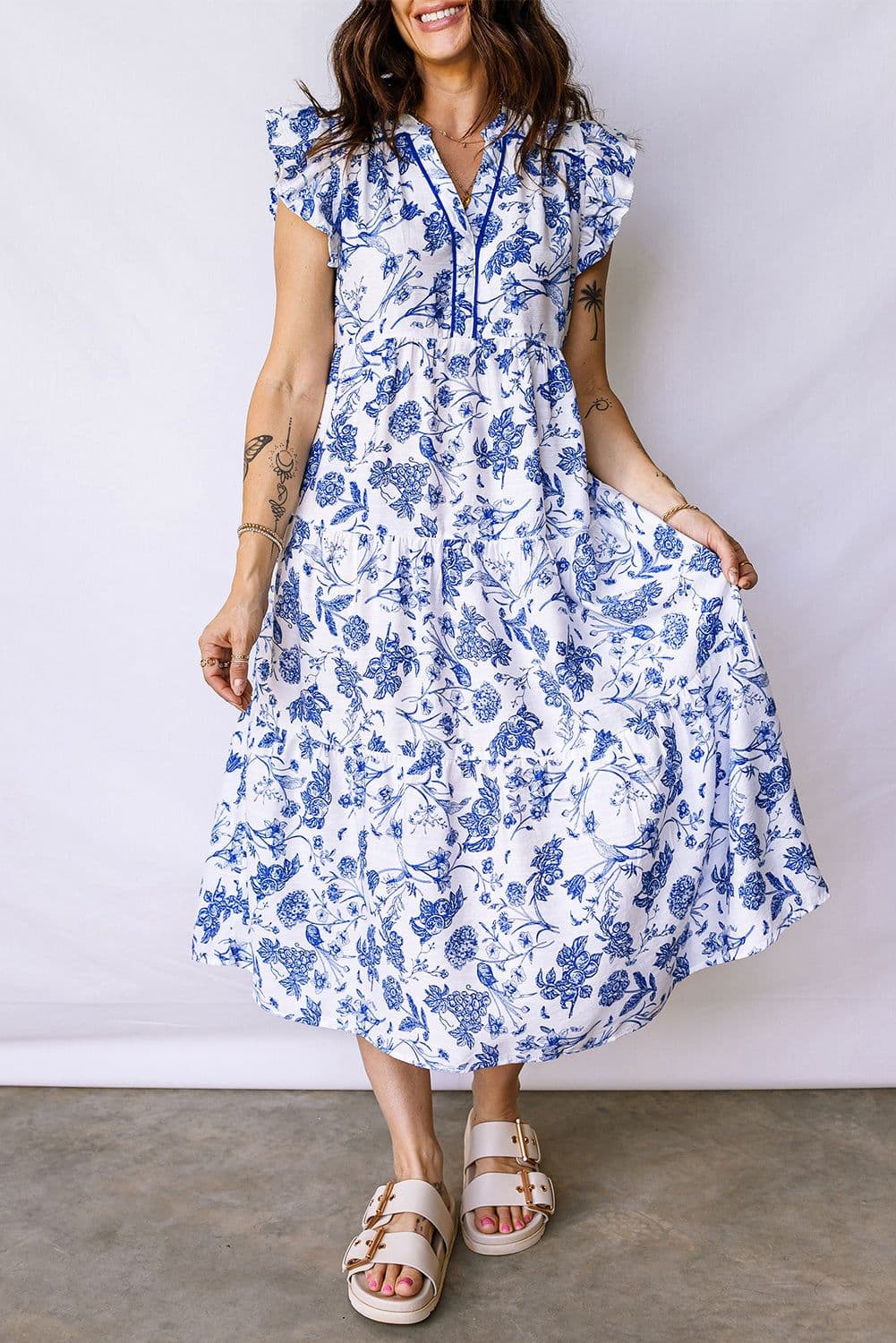 image-Blue Ruffled Short Sleeve Tiered Floral Midi Dress