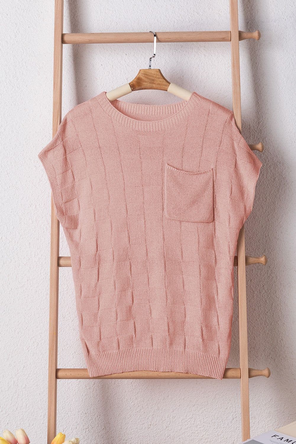 image-Pink Lattice Textured Knit Short Sleeve Sweater - Sizes S-3XL