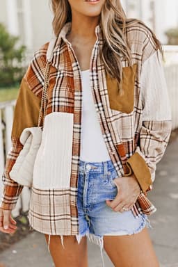 image-Plaid Color Block Patchwork Shirt Jacket - Orange, Sizes S-2XL