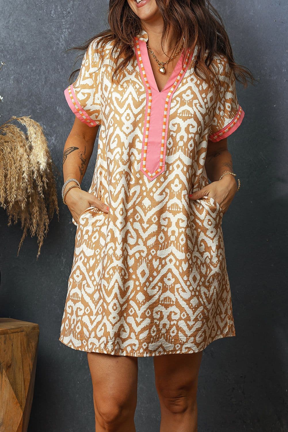 image-Khaki Western Fashion Print Striped Color Block Patchwork Shift Mini Dress