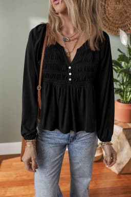 image-Black Smocked Bust Buttoned Split V Neck Blouse