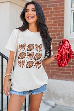 image-White Football Bow Print Cotton Blend T-Shirt