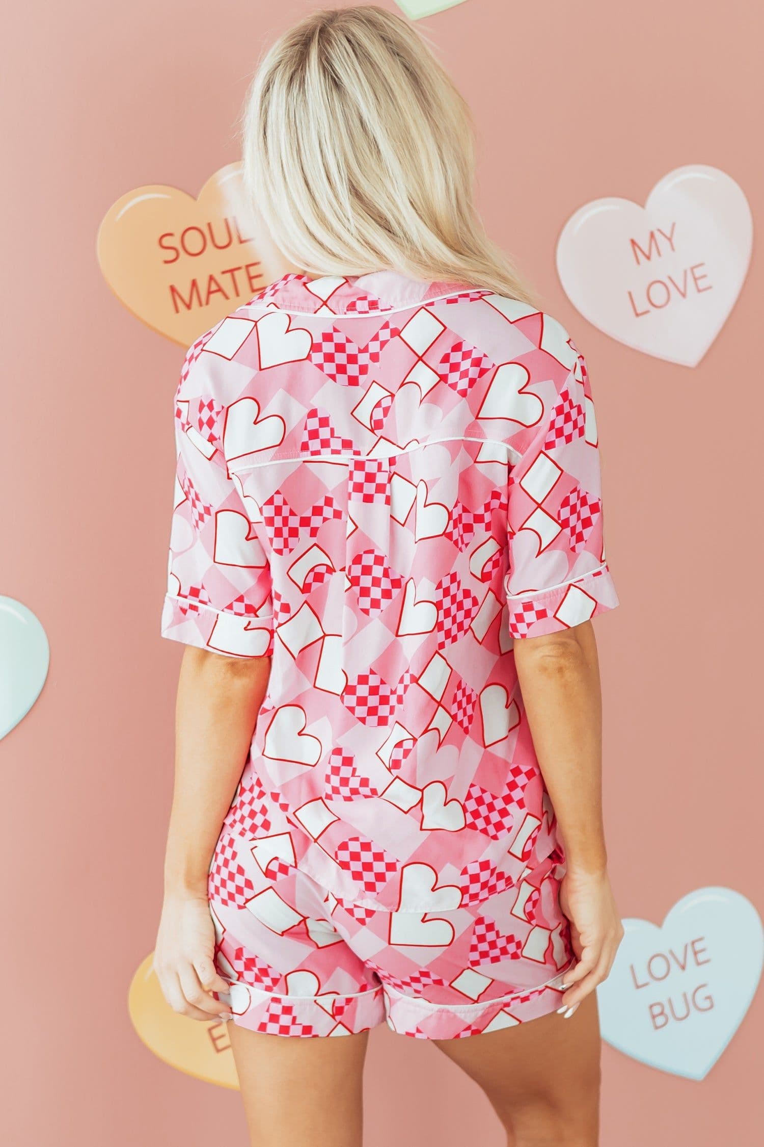 image-Pink Heart Print Silky Pajama Set Short