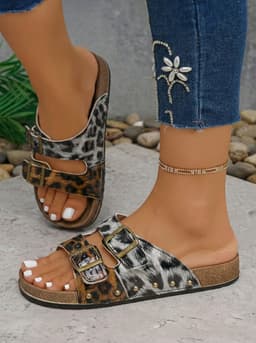 image-Coffee Leopard Two-tone Retro Buckle Slippers