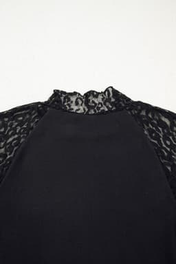 image-Black Leopard Mesh Patchwork Knit Long Sleeve Top